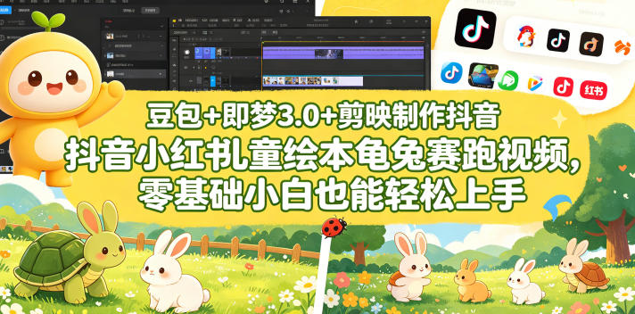 豆包＋即梦3.0+剪映制作抖音小红书儿童绘本龟兔赛跑视频，零基础小白也能轻松上手-迷胡学堂