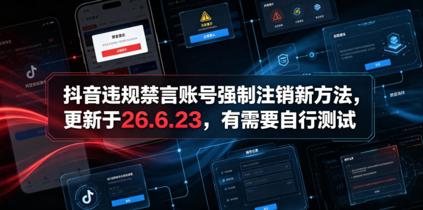 抖音违规禁言账号强制注销新方法，更新于26.6.23，有需要自行测试-迷胡学堂