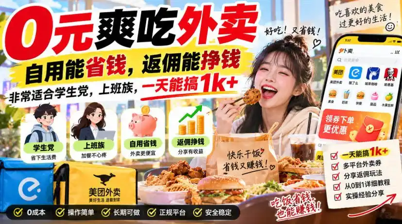 外卖霸王餐返佣项目：0元吃外卖还能赚钱，适合学生与上班族-迷胡学堂