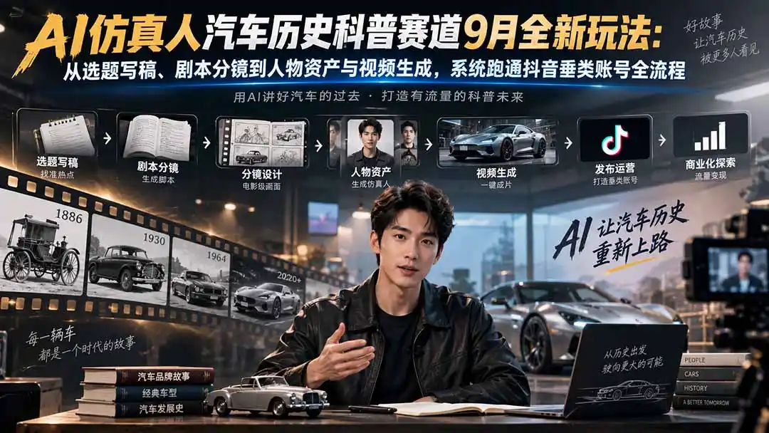 AI仿真人汽车历史科普赛道9月全新玩法：从选题写稿、剧本分镜到人物资产与视频生成，系统跑通抖音垂类账号全流程-迷胡学堂