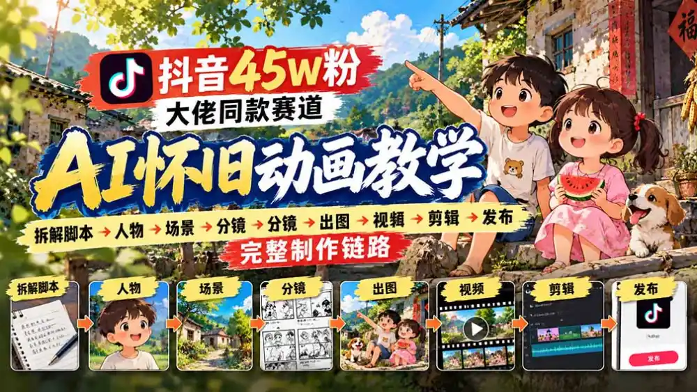 抖音45W粉大佬同款赛道AI怀旧动画教学:拆解脚本→人物→场景→分镜→出图→视频→剪辑→发布完整制作链路-迷胡学堂