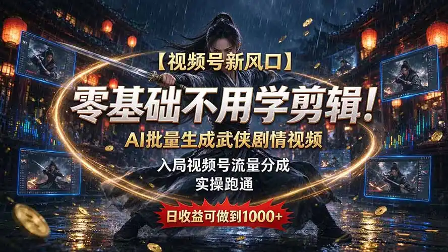 【视频号新风口】零基础不用学剪辑!AI 批量生成武侠剧情视频,入局视频号流量分成,实操跑通,日收益可做到 1000+-迷胡学堂