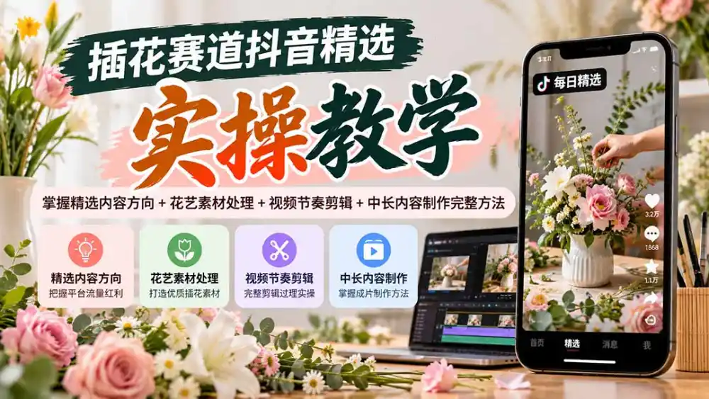 插花赛道抖音精选实操教学:掌握精选内容方向+花艺素材处理+视频节奏剪辑+中长内容制作完整方法-迷胡学堂